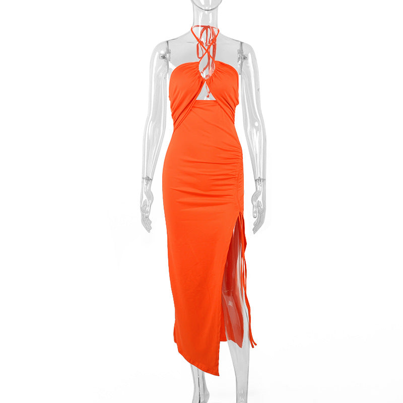 Sexy Halterneck Lace-up Split Dress Summer Y2K Fashion Party Baech Long Dresses For Womens Clotjing NommL
