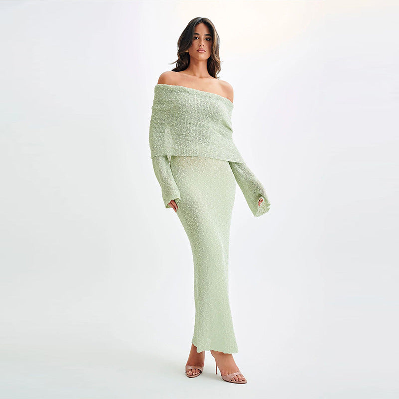 New One-shoulder Knitted Long-sleeved Dress Sexy Beach Holiday Long Dresses Womens Clothing NommL