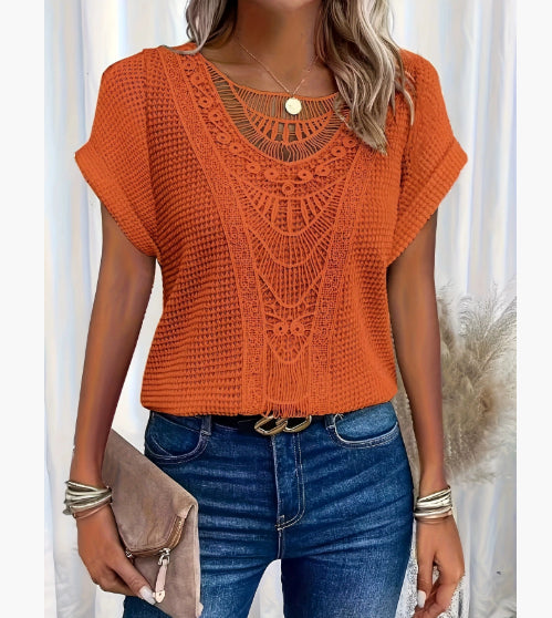 Summer Hollow Out Short-sleeved T-shirt Fashion Ethnic Style Tops Women's Clothing NommL