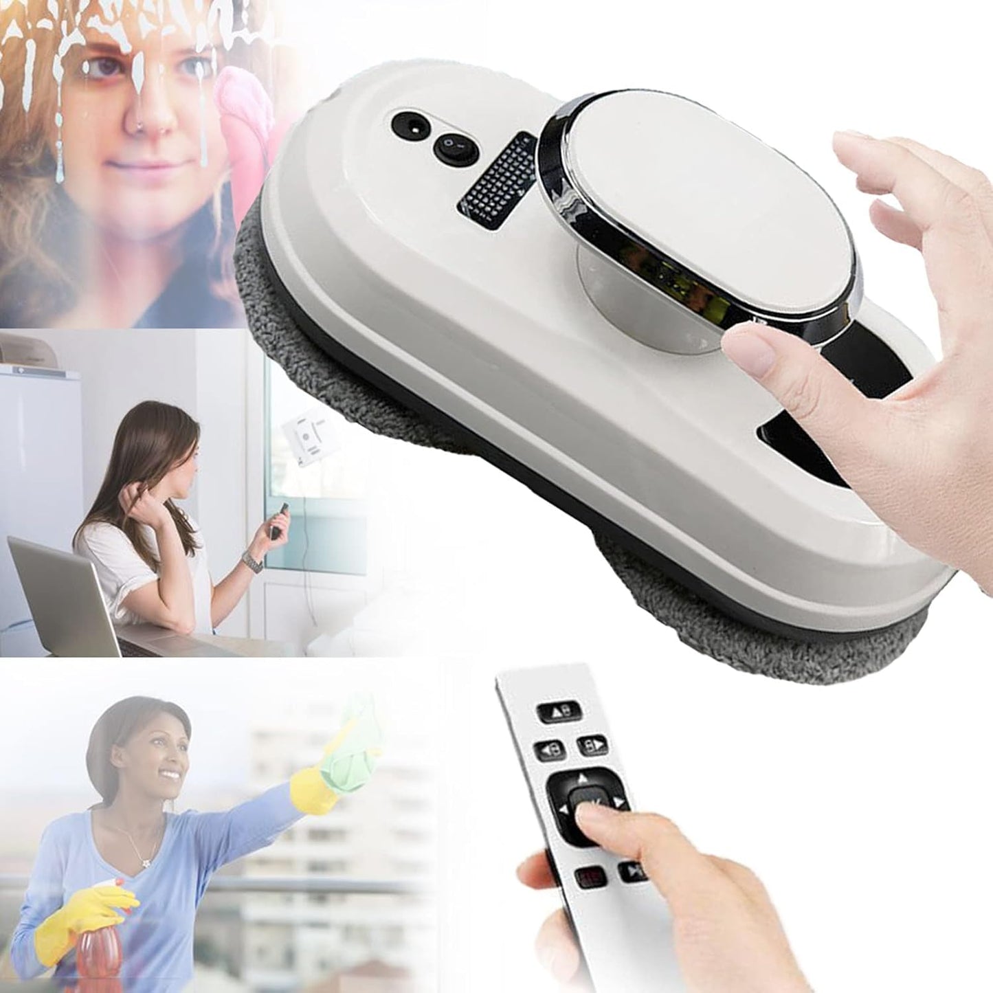 Cleaning device with remote control, used for window cleaning, on a white background.