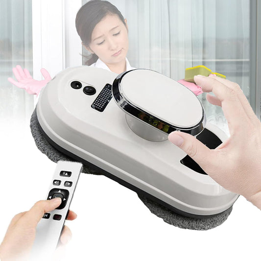 Person using a handheld cleaning device with a remote control, against a neutral background.