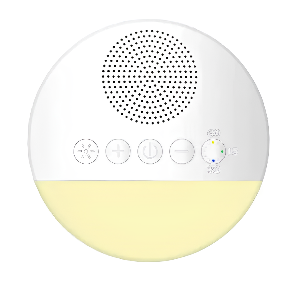 Round white device with control buttons and a yellow base on a white background