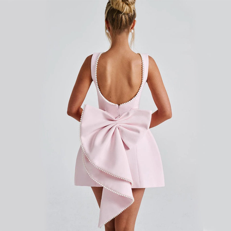 Luxury Pearl Backless Mini Dress with Big Bow: Elegant Summer A-Line Party & Evening Gown NommL