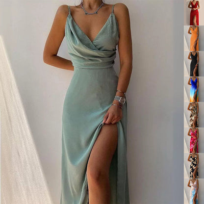 V-neck Slit Sling Dress Summer Fashion Sexy Slim Suspender Dresses For Women Clothing NommL