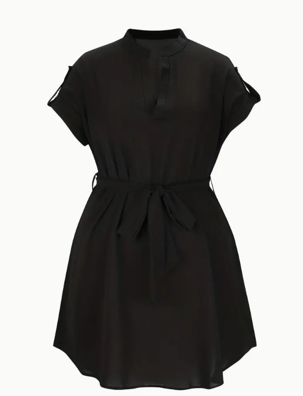 V-neck Short Sleeve Dress With Belt Summer Fashion Bowknot Dresses For Women Clothing NommL