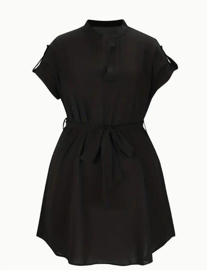 V-neck Short Sleeve Dress With Belt Summer Fashion Bowknot Dresses For Women Clothing NommL