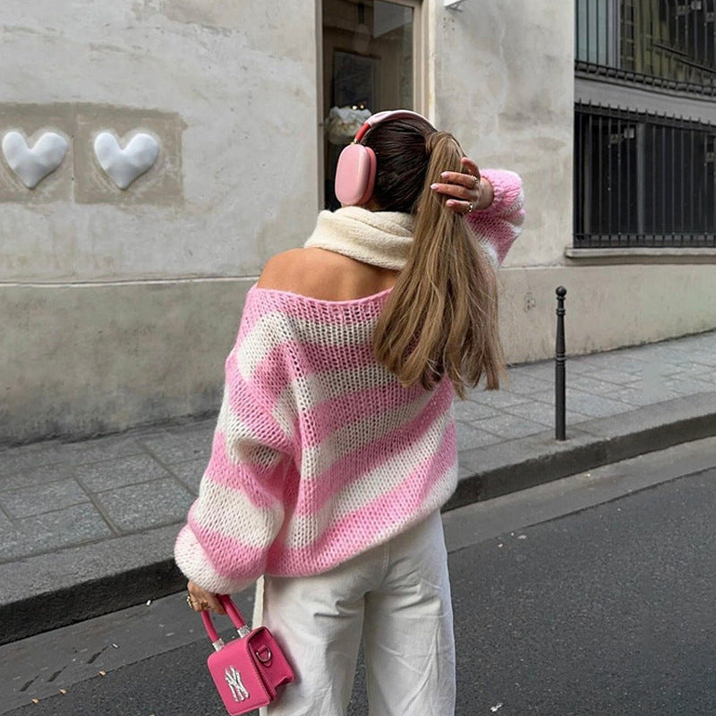 Loose Striped Pullover Sweater Fashion Versatile Long-sleeved Knitted Tops For Women Clothing NommL
