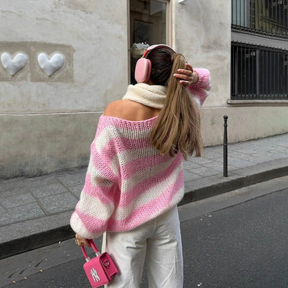 Loose Striped Pullover Sweater Fashion Versatile Long-sleeved Knitted Tops For Women Clothing NommL