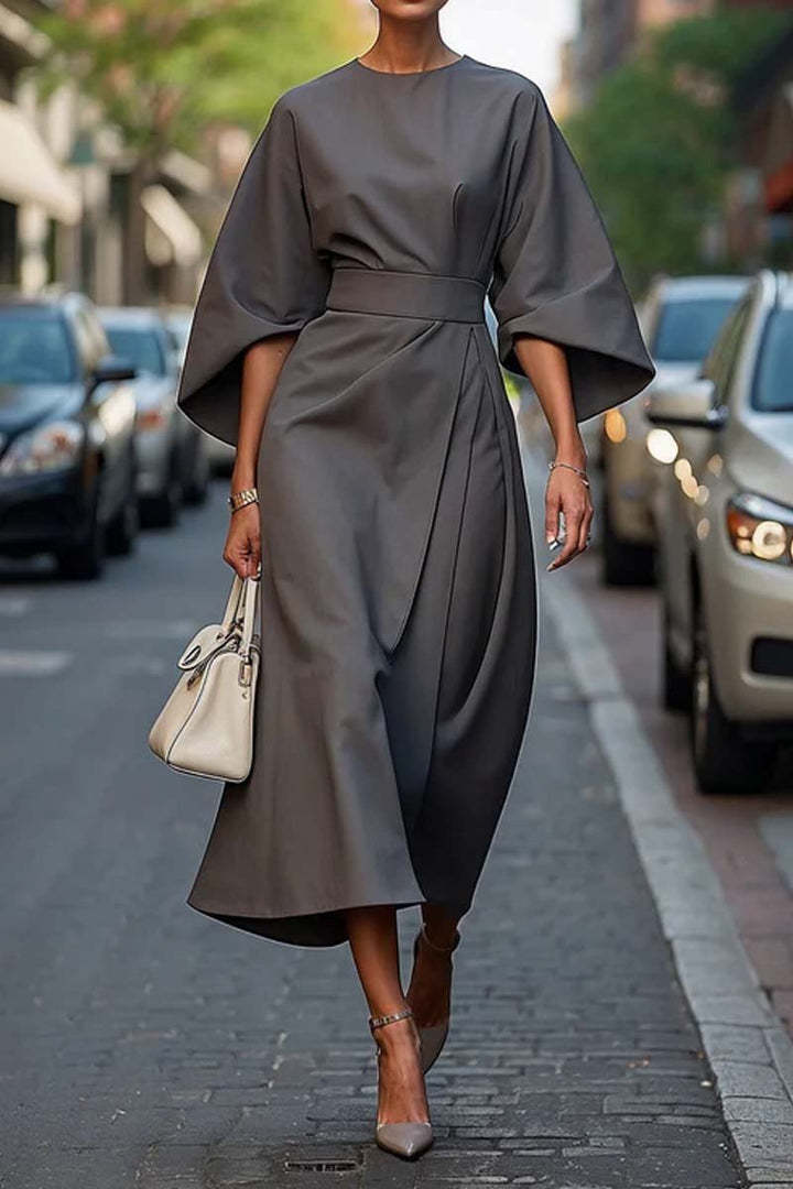 Loose Batwing Sleeve Dress Fashion Waist-tighted Solid Color Elegant Dresses For Women Clothing NommL