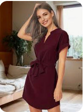 V-neck Short Sleeve Dress With Belt Summer Fashion Bowknot Dresses For Women Clothing NommL