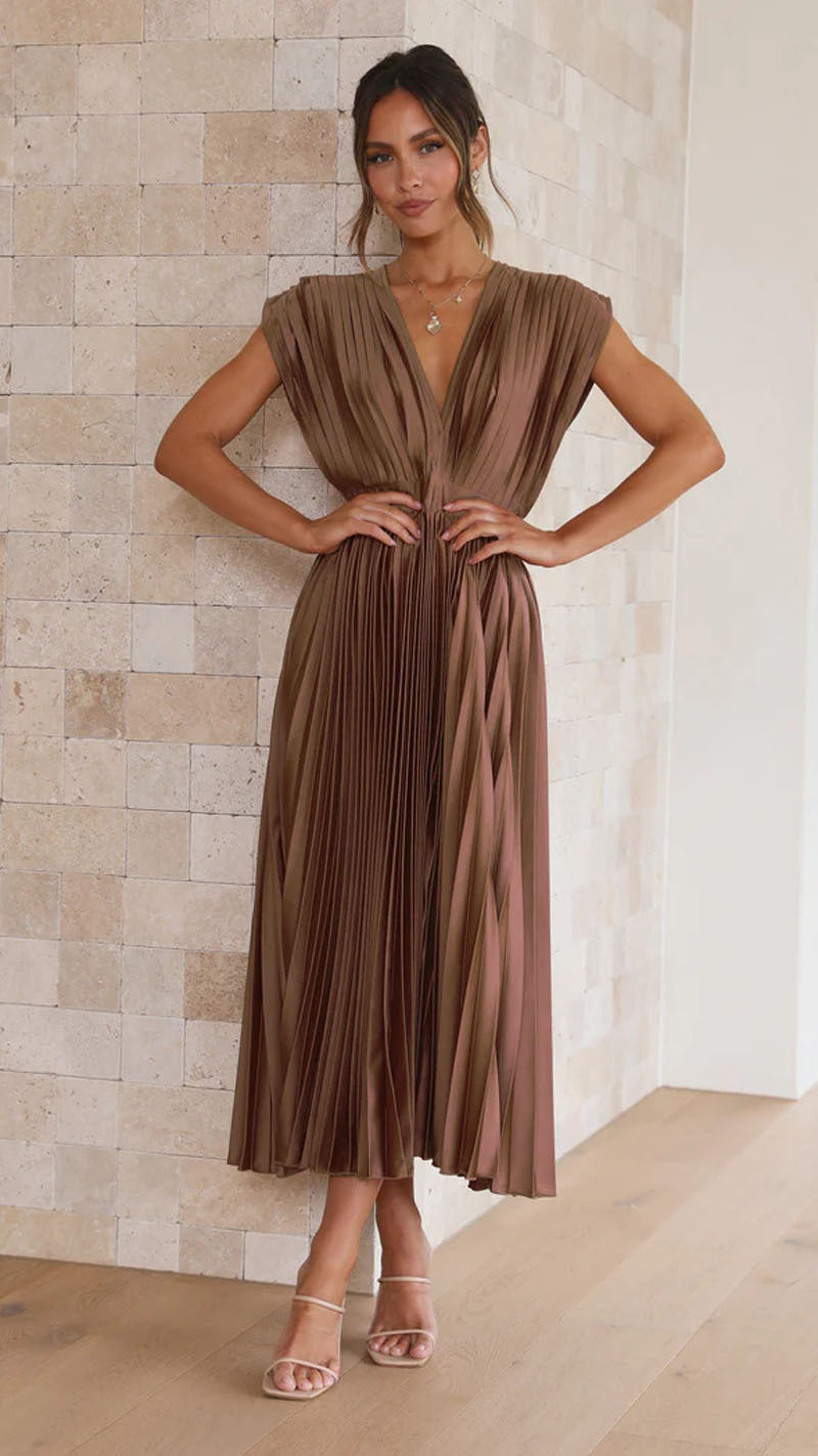 Elegant V-Neck Pleated Maxi Dress: Sleeveless Loose Fit Evening Gown for Weddings & Parties NommL