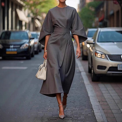 Loose Batwing Sleeve Dress Fashion Waist-tighted Solid Color Elegant Dresses For Women Clothing NommL
