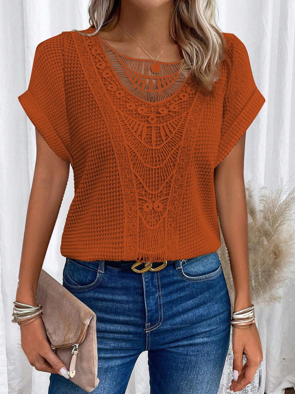 Summer Hollow Out Short-sleeved T-shirt Fashion Ethnic Style Tops Women's Clothing NommL