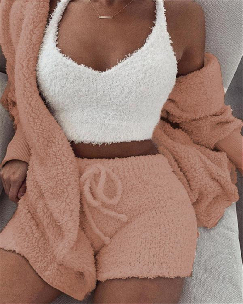 3pcs Womens Clothing Long Sleeve Crop Tank Top And Drawstring Shorts Pajama Set NommL