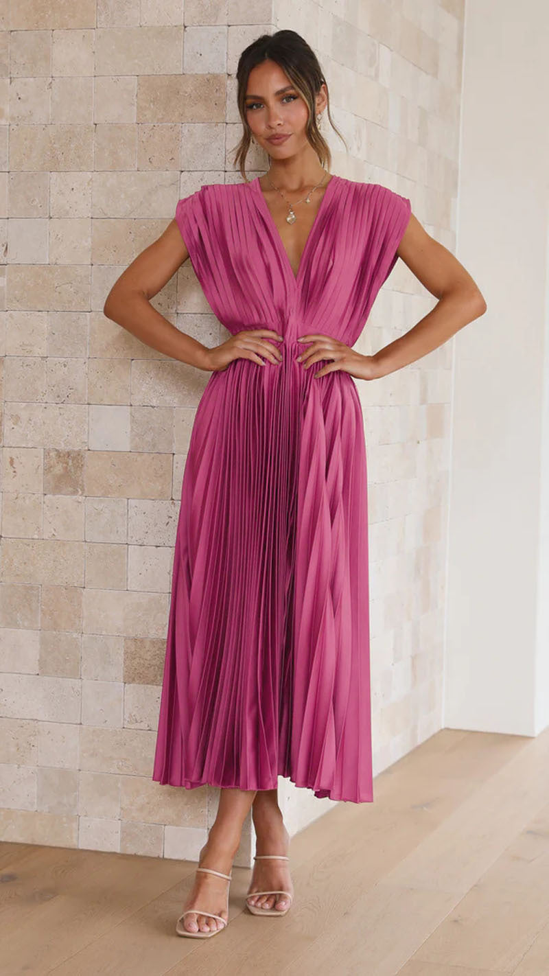 Elegant V-Neck Pleated Maxi Dress: Sleeveless Loose Fit Evening Gown for Weddings & Parties NommL