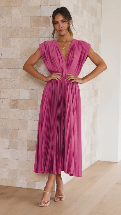 Elegant V-Neck Pleated Maxi Dress: Sleeveless Loose Fit Evening Gown for Weddings & Parties NommL