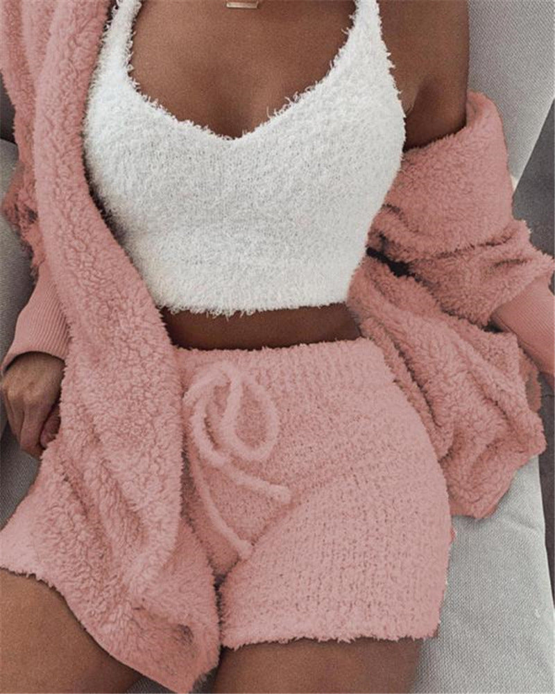 3pcs Womens Clothing Long Sleeve Crop Tank Top And Drawstring Shorts Pajama Set NommL