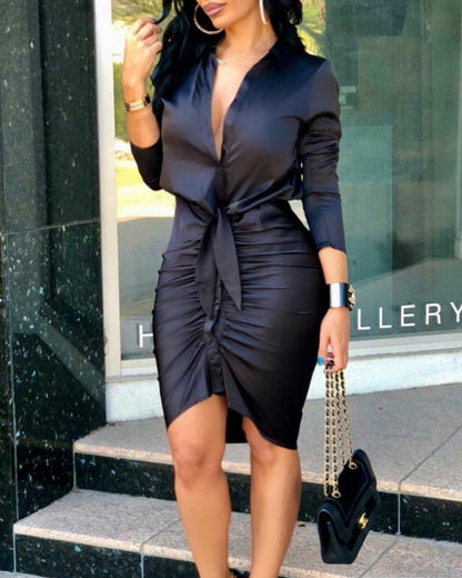 Women Lace-up Solid Color Long Sleeve Midi Dress Shirt Dress Elegant Fashion Party Dress NommL