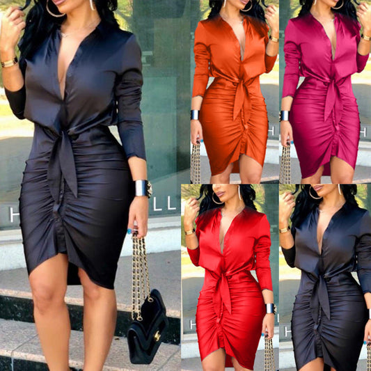 Women Lace-up Solid Color Long Sleeve Midi Dress Shirt Dress Elegant Fashion Party Dress NommL