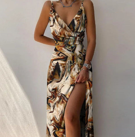 V-neck Slit Sling Dress Summer Fashion Sexy Slim Suspender Dresses For Women Clothing NommL