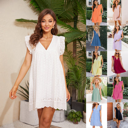 Lace Dresses With Pocket Summer Sleeveless Jacquard Cutout V-Neck Beach Dress NommL