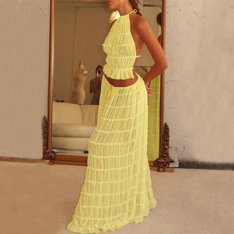 Summer Boho 2-Piece Set: Halter Crop Top & High-Waisted Pleated Maxi Skirt NommL