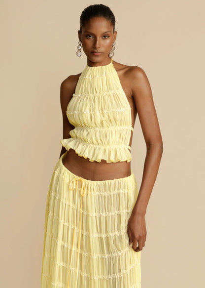 Summer Boho 2-Piece Set: Halter Crop Top & High-Waisted Pleated Maxi Skirt NommL
