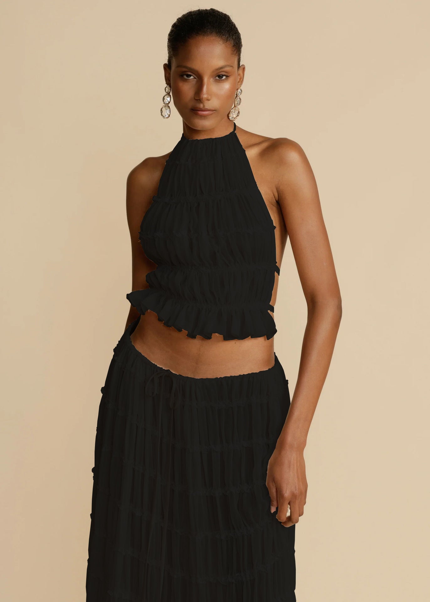 Summer Boho 2-Piece Set: Halter Crop Top & High-Waisted Pleated Maxi Skirt NommL