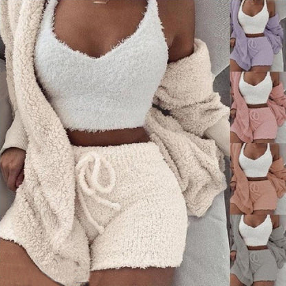 3pcs Womens Clothing Long Sleeve Crop Tank Top And Drawstring Shorts Pajama Set NommL