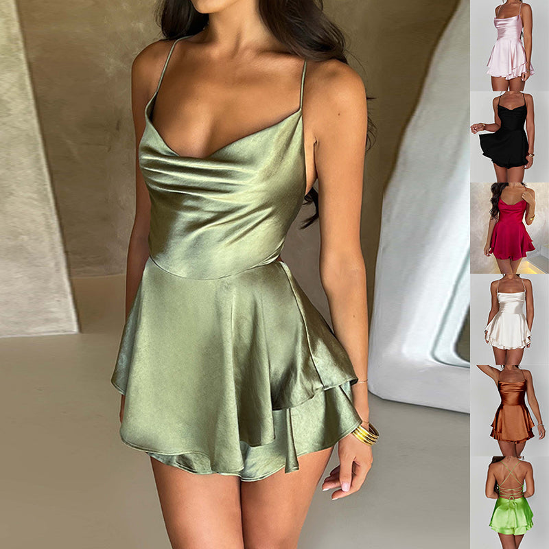 Sexy Suspender Skirt For Women Elegant Slim Strap Satin Backless Lace Up A-Line Short Dress Lady NommL
