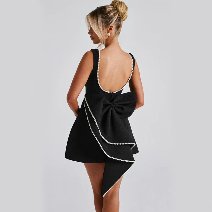 Luxury Pearl Backless Mini Dress with Big Bow: Elegant Summer A-Line Party & Evening Gown NommL