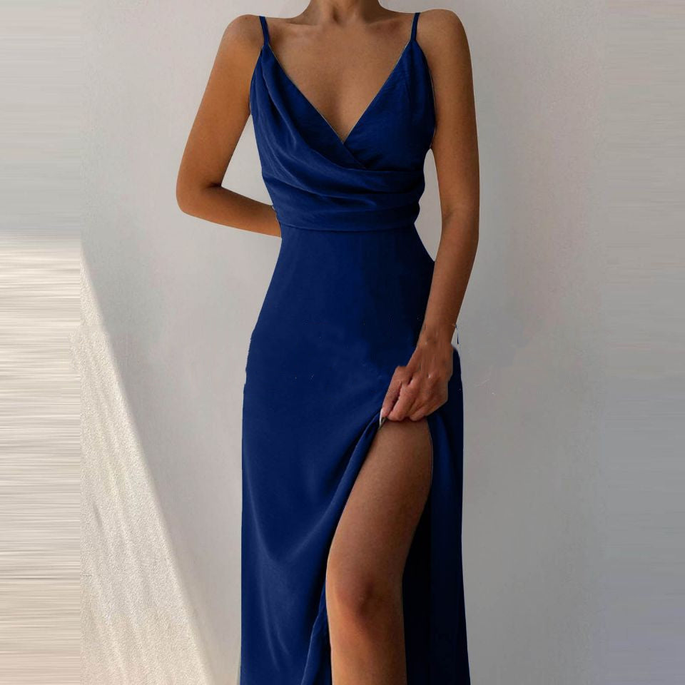 V-neck Slit Sling Dress Summer Fashion Sexy Slim Suspender Dresses For Women Clothing NommL