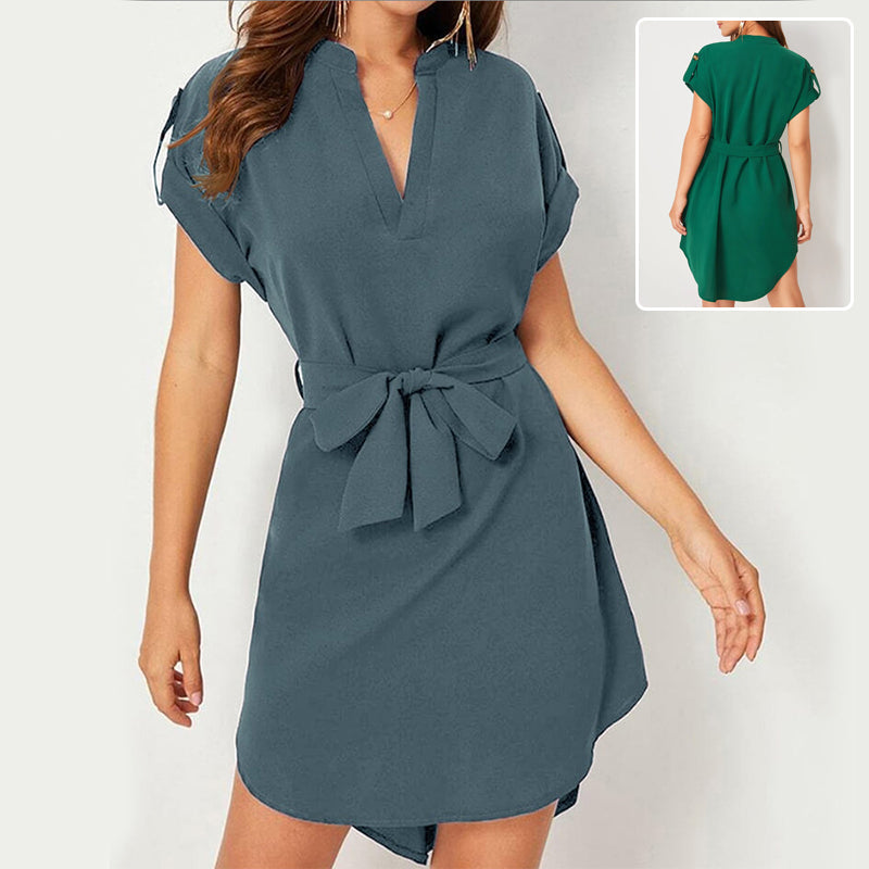 V-neck Short Sleeve Dress With Belt Summer Fashion Bowknot Dresses For Women Clothing NommL