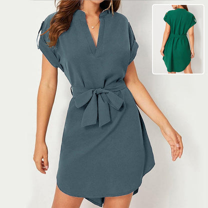 V-neck Short Sleeve Dress With Belt Summer Fashion Bowknot Dresses For Women Clothing NommL