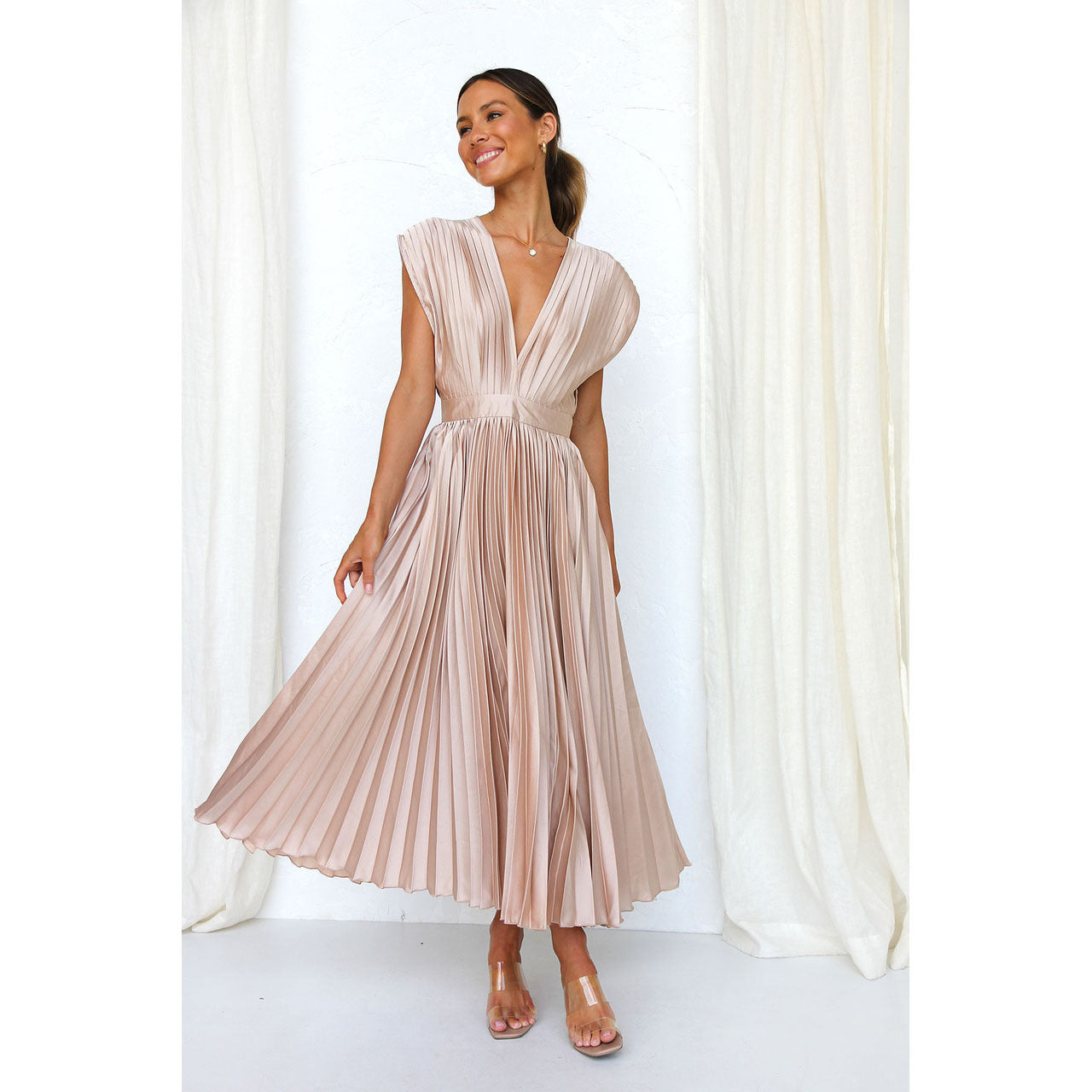 Elegant V-Neck Pleated Maxi Dress: Sleeveless Loose Fit Evening Gown for Weddings & Parties NommL