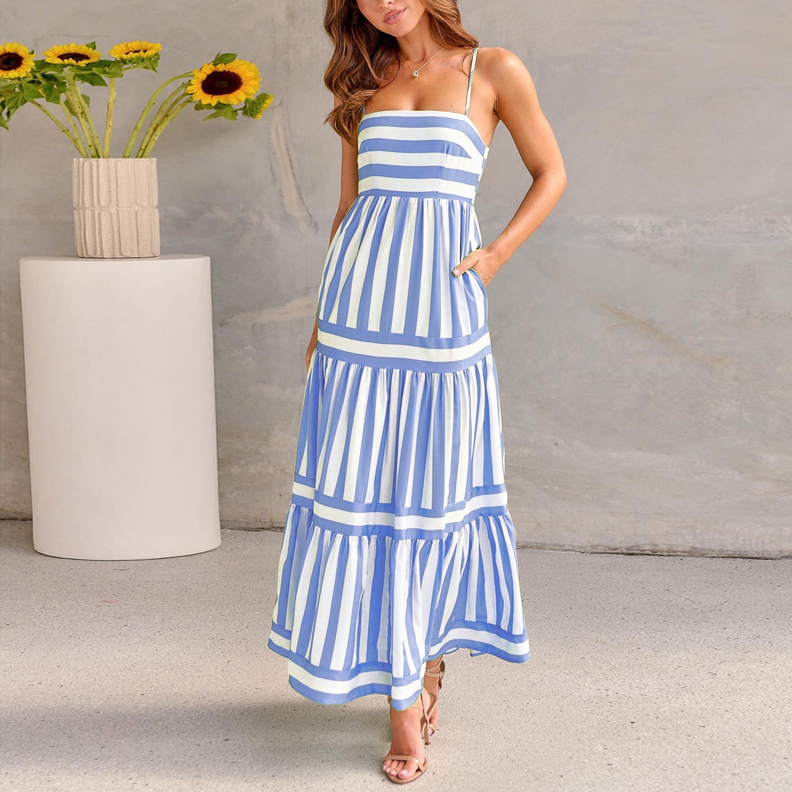 Summer Striped Printed Suspender Long Dress With Pockets Fashion Square Neck Backless Dresses For Beach Vacation Women Clothing NommL