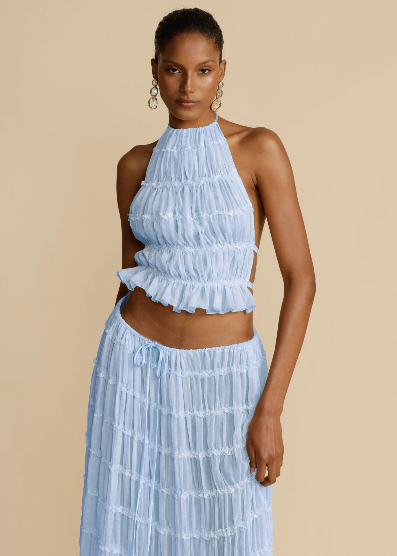 Summer Boho 2-Piece Set: Halter Crop Top & High-Waisted Pleated Maxi Skirt NommL