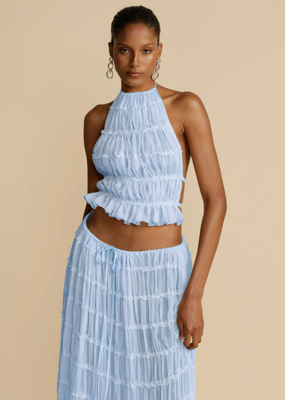 Summer Boho 2-Piece Set: Halter Crop Top & High-Waisted Pleated Maxi Skirt NommL