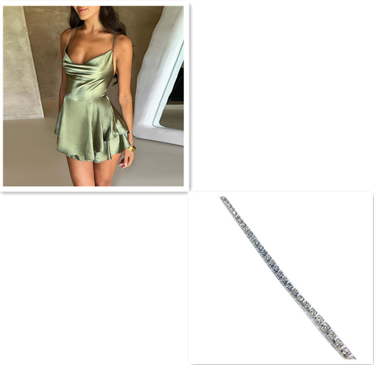 Sexy Suspender Skirt For Women Elegant Slim Strap Satin Backless Lace Up A-Line Short Dress Lady NommL