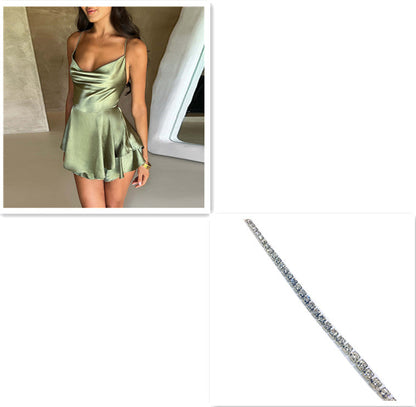 Sexy Suspender Skirt For Women Elegant Slim Strap Satin Backless Lace Up A-Line Short Dress Lady NommL