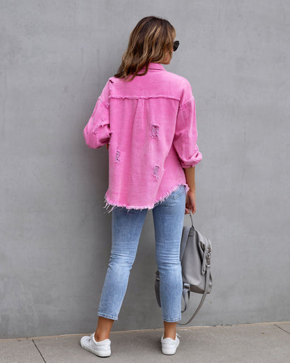 Fashion Ripped Shirt Jacket Female Autumn And Spring Casual Tops Womens Clothing NommL