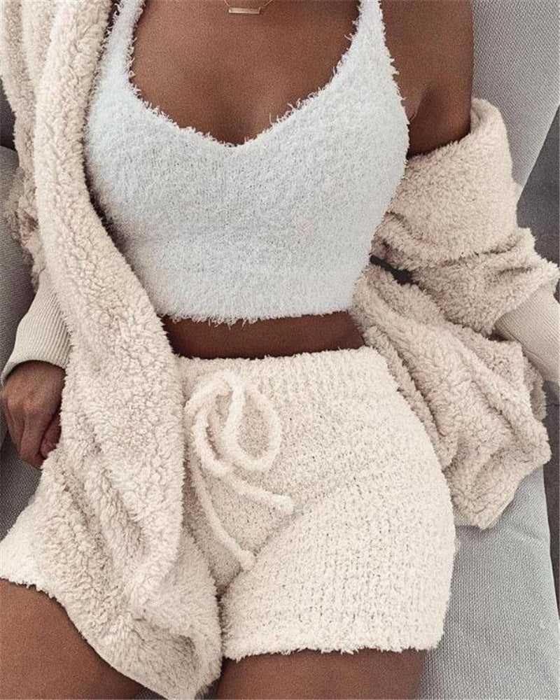 3pcs Womens Clothing Long Sleeve Crop Tank Top And Drawstring Shorts Pajama Set NommL