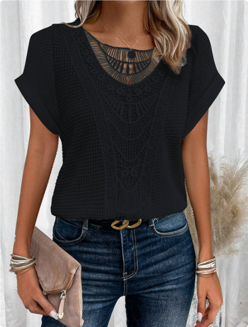 Summer Hollow Out Short-sleeved T-shirt Fashion Ethnic Style Tops Women's Clothing NommL