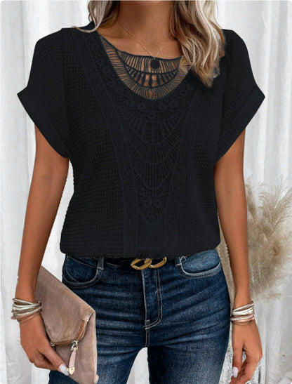 Summer Hollow Out Short-sleeved T-shirt Fashion Ethnic Style Tops Women's Clothing NommL