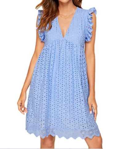 Lace Dresses With Pocket Summer Sleeveless Jacquard Cutout V-Neck Beach Dress NommL