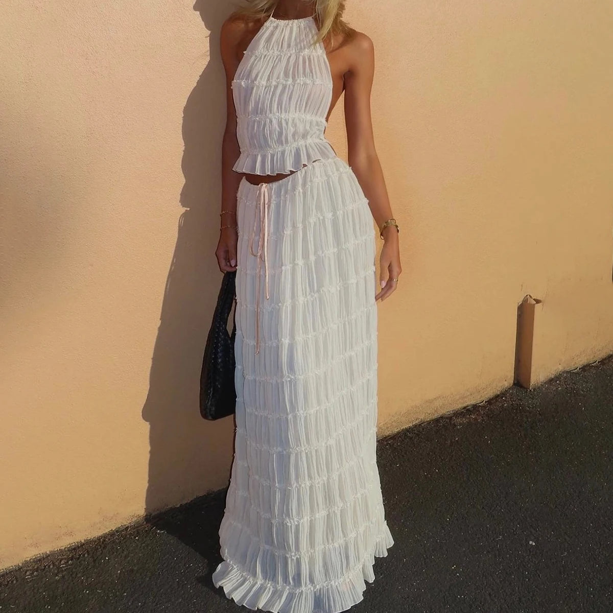 Summer Boho 2-Piece Set: Halter Crop Top & High-Waisted Pleated Maxi Skirt NommL