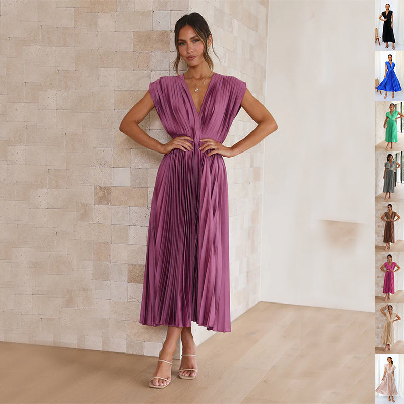 Elegant V-Neck Pleated Maxi Dress: Sleeveless Loose Fit Evening Gown for Weddings & Parties NommL