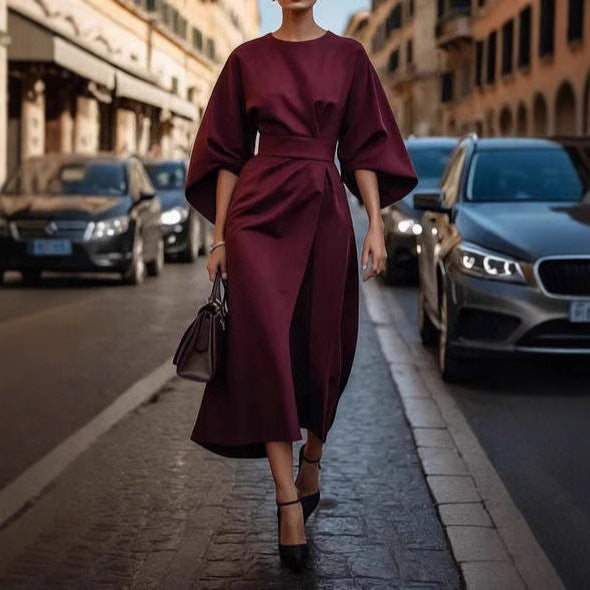 Loose Batwing Sleeve Dress Fashion Waist-tighted Solid Color Elegant Dresses For Women Clothing NommL