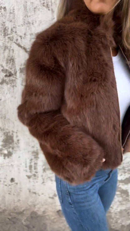 Fashion Stand Collar Plush Jacket Winter Casual Turtleneck Zipper Coat Fleece Tops Women's Clothing NommL