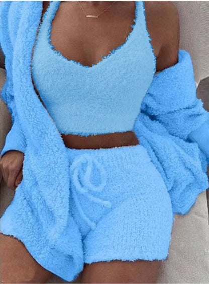 3pcs Womens Clothing Long Sleeve Crop Tank Top And Drawstring Shorts Pajama Set NommL